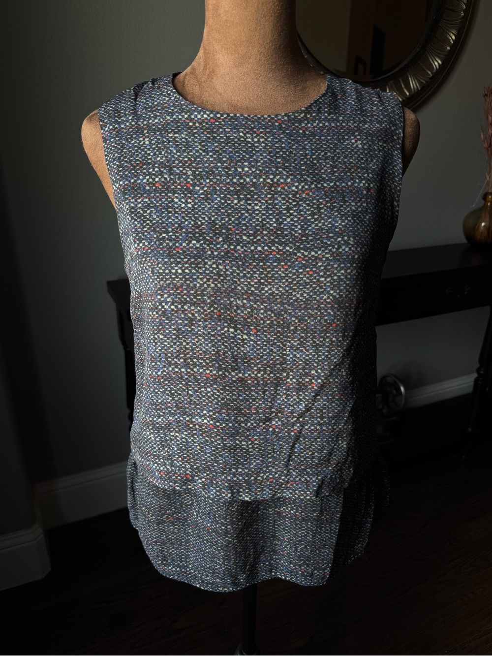 Theory Silk "Hodal C" Tweed PrintTiered Layered Sleeveless Tank Petite